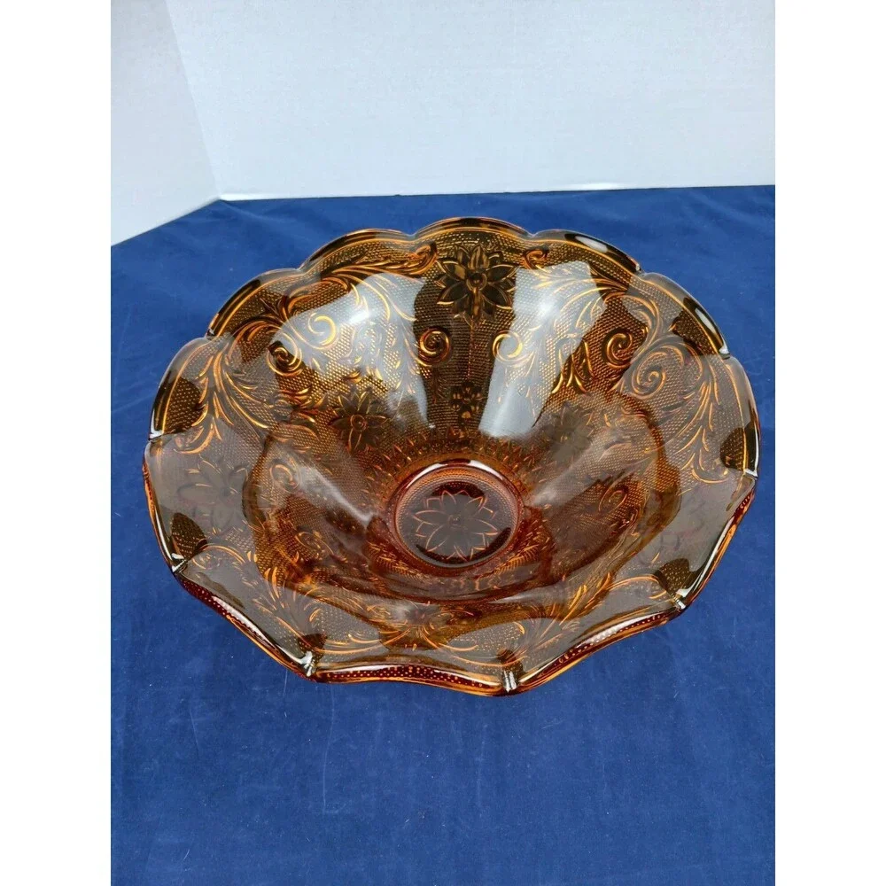 Indiana Glass Co Amber Tiara Glass Ruffled Console Fruit Bowl Footed 10” x 5”